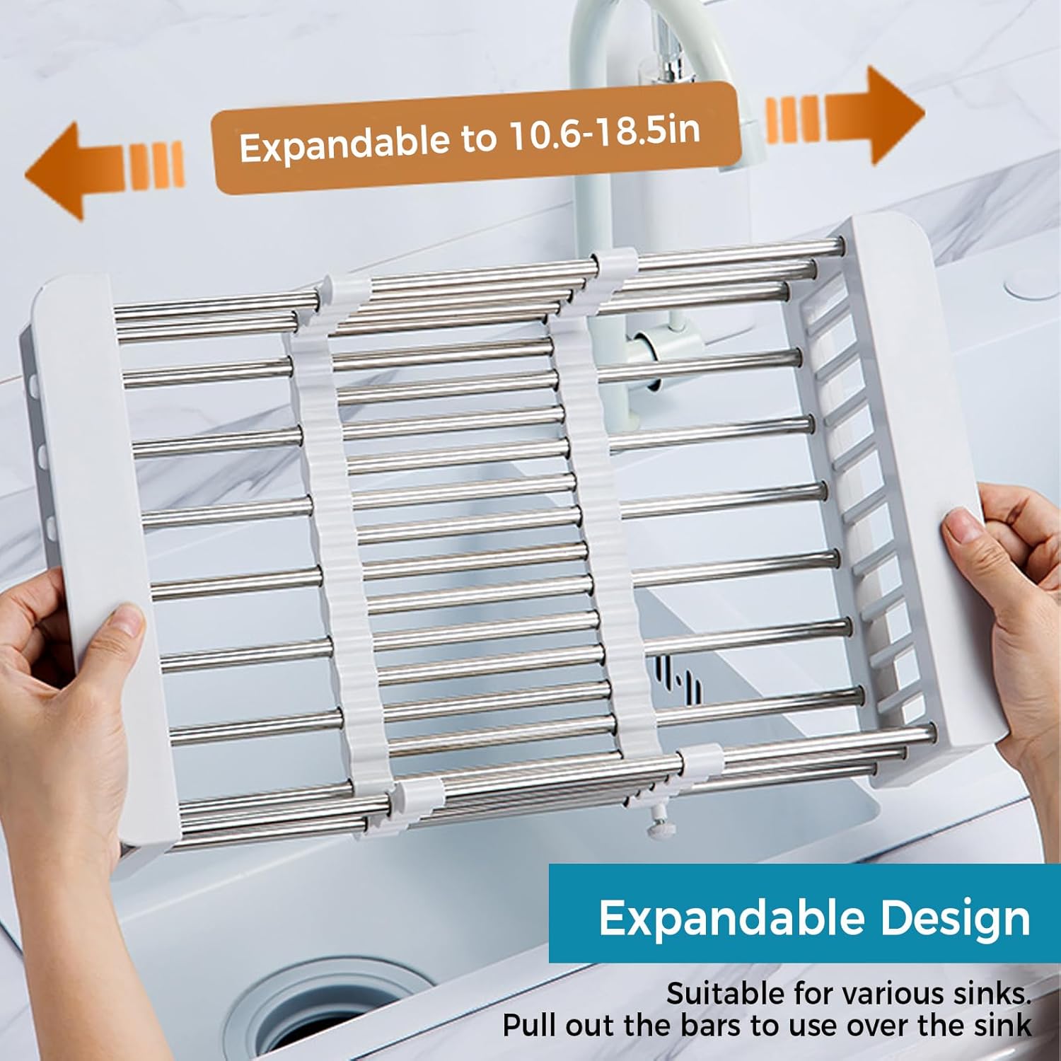 COVRA Over Sink Dish Drying Rack, Stainless Steel Drainer for 11"-19" Sinks, Kitchen Countertop Organizer for Dishes, Vegetables, and Fruits (Gray)