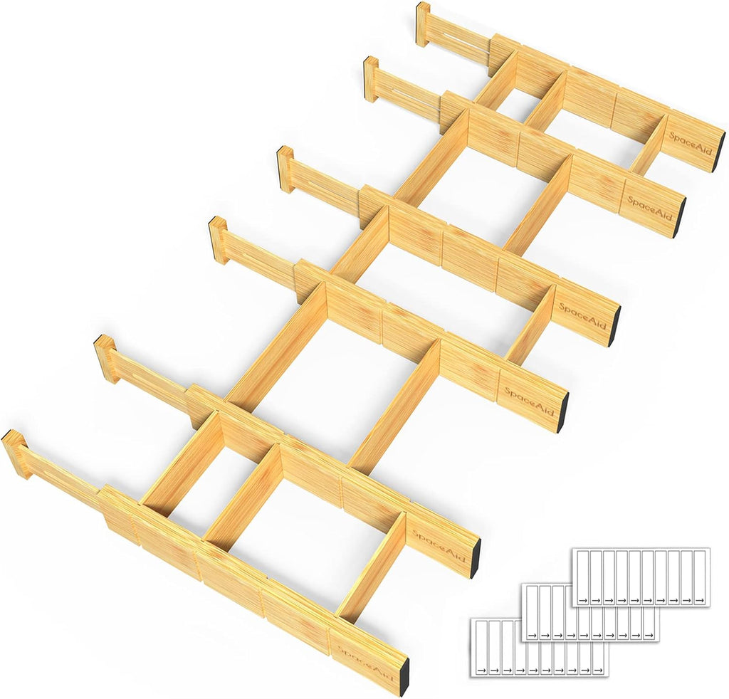 SpaceAid Bamboo Drawer Dividers with Inserts and Labels, Kitchen Adjustable Drawer Organizers, Expandable Organization for Home, Office, Dressers and Bathroom, 6 Dividers with 12 Inserts (13.25-17 in)