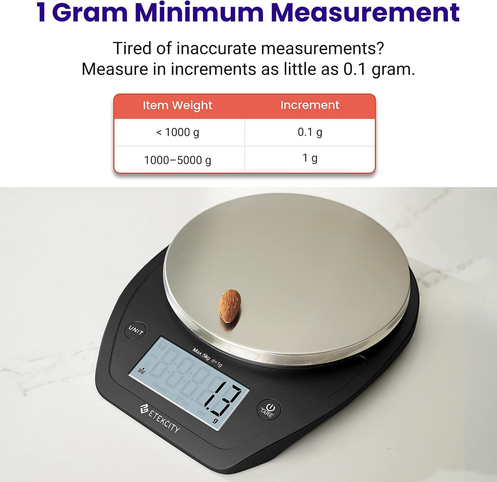 Etekcity 0.1g Food Scale, Bowl, Digital Grams and Ounces for Weight Loss, Dieting, Baking, Cooking, and Meal Prep, 11lb/5kg, Stainless Steel Black