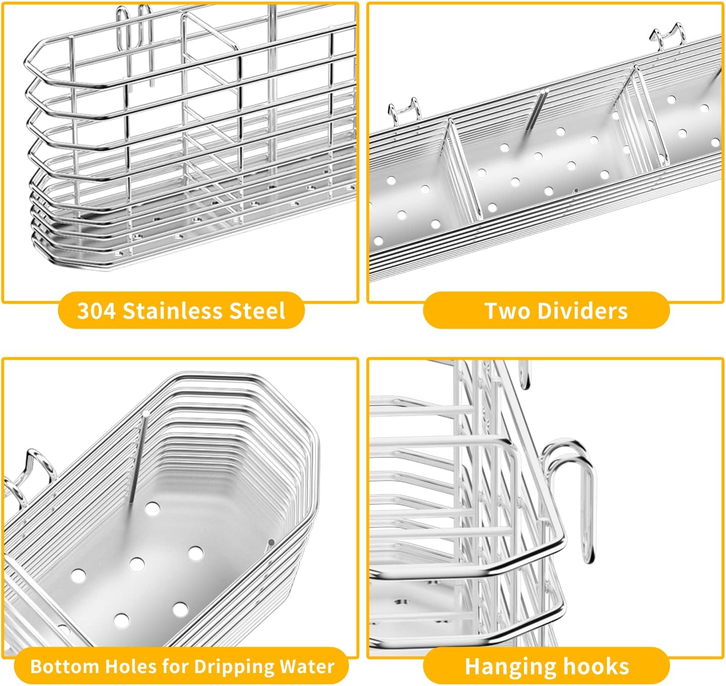 JAQ Utensil Holder for Sink, Sus304 Stainless Steel Rust Free Silverware Cutlery Flatware Holder Rack Organizer with Hooks for Dish Drying Rack Sink Dish Drainer in Kitchen Bathroom