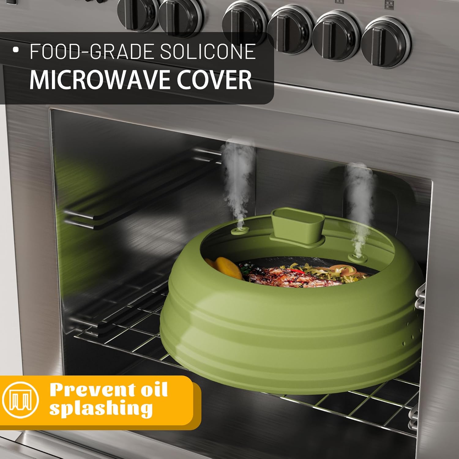 Microwave Splatter Cover, Vented Silicone and Glass Cover Splatter Guard Lid, Food Collapsible Plate Cover Lid with Easy Grip Handle. (Green, 11.8 inch)