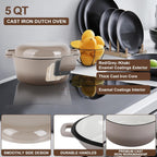 E-far 5 Quart Enameled Cast Iron Dutch Oven, 2 in 1 Dutch Oven Pot with Skillet Lid and Silicone Bread Sling, Ideal for Bread Baking, Cooking, Stewing, Frying, Induction & Oven Safe - Khaki