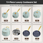 Nuwave Lux LE 13-Pc Cookware Set with Elegant Gold Handle, Diamond Infused Ceramic Non-Stick, PFAS Free, Premium Metal Lids, Ergonomic Stay-Cool Handles, Induction Ready & Compatible w/All Cooktops