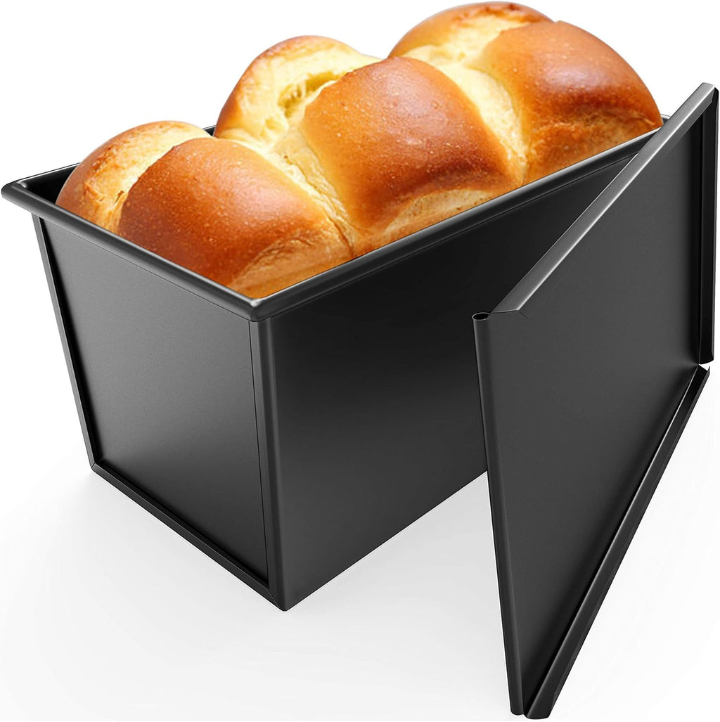 CHEFMADE Pullman Loaf Pan with Lid, 1Lb Dough Capacity Non-Stick Rectangle Flat Bread Pan, Carbon Steel Bakeware Toast Mold with Cover for Baking Bread - Black