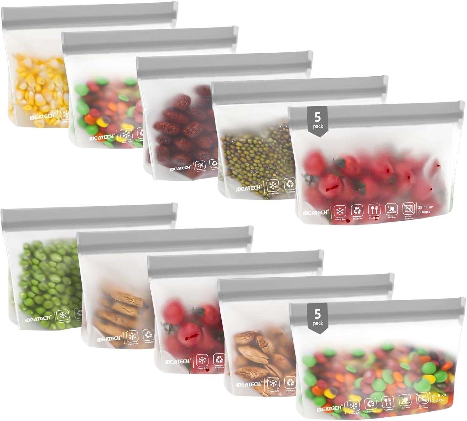 IDEATECH 10Pack Reusable Snack Bags Dishwasher Safe, BPA Free Food Storage Freezer Bags, Small Reusable Resealable Baggies for Cookies, Candy (10Snack, Grey)