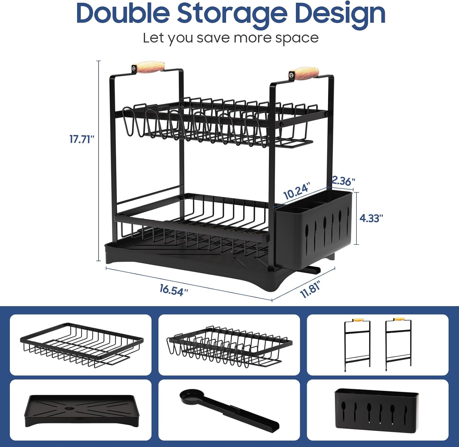 2-Tier Large Dish Drying Rack for Kitchen Counter with Drainboard and Cutlery Holder, 2 Tier Dish Drying Rack, Black,16.54" D x 11.81" W x 17.71" H