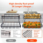 2 Tier Countertop Fruit Basket with 2 Protective Mats for Kitchen, Detachable Metal Organizer for Bread Vegetable Fruits with Wooden Handle, Large Capacity Rectangular Storage Stand Bowls, Black