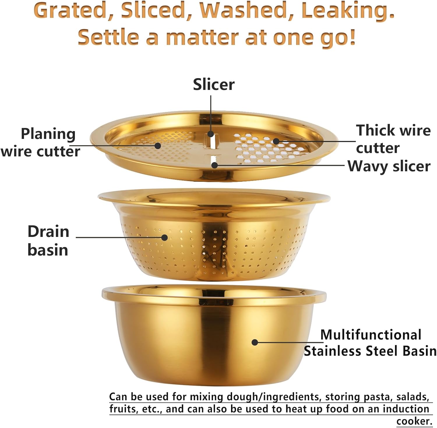 Meisha Colander, 3Pcs Stainless Steel Kitchen Tool 3 in 1 Drain Basket Fruit and Vegetable Cutter Strainer Bowl Set Drain Pot Basket Grater for Fruits Vegetables Rice Washing Mixing - Gold