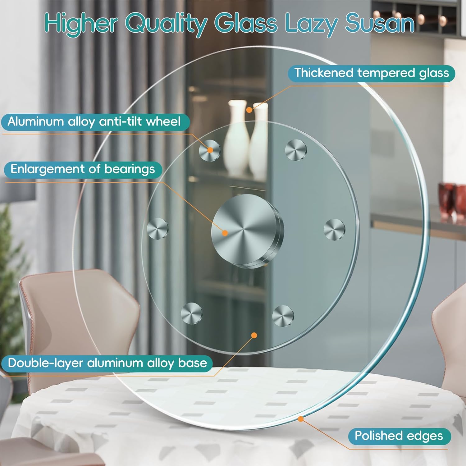 35" Large Lazy Susan for Dining Table Kitchen Glass Turntable with Aluminum Alloy Bearing, Smooth Swivel