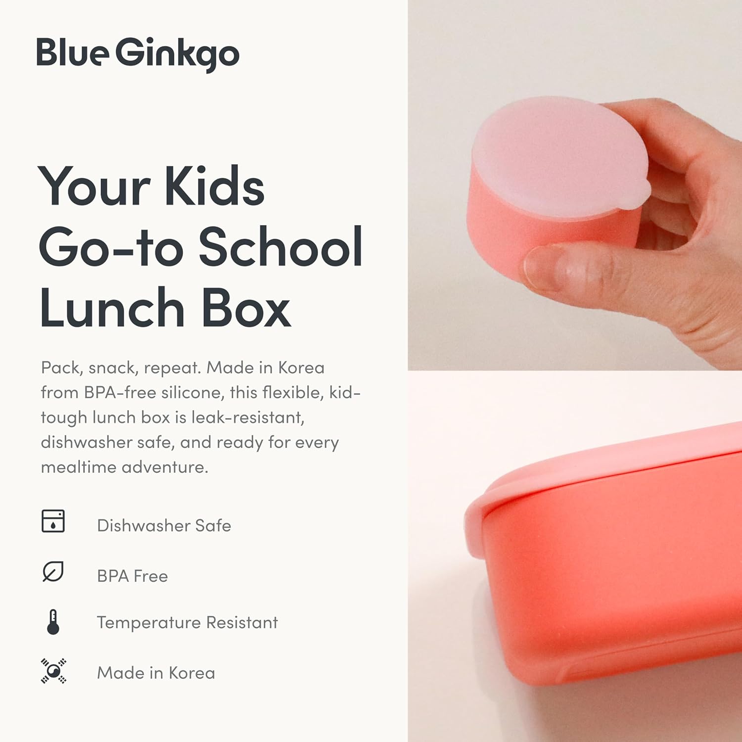 BLUE GINKGO Silicone Lunch Box Set – Durable Heavy-Duty Silicone Bento Box, Microwave, Freezer, Dishwasher Safe – Airtight, BPA Free (Made in Korea, Coral)