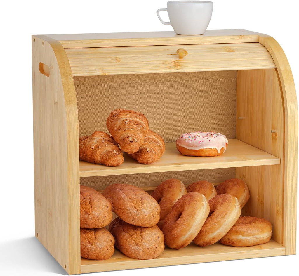 G.a HOMEFAVOR Roll Top Bread Box for Kitchen Counter, Large 2-Tier Bamboo Bread Storage Container, Bread Holder Food Bin for Countertop, Self-Assembly