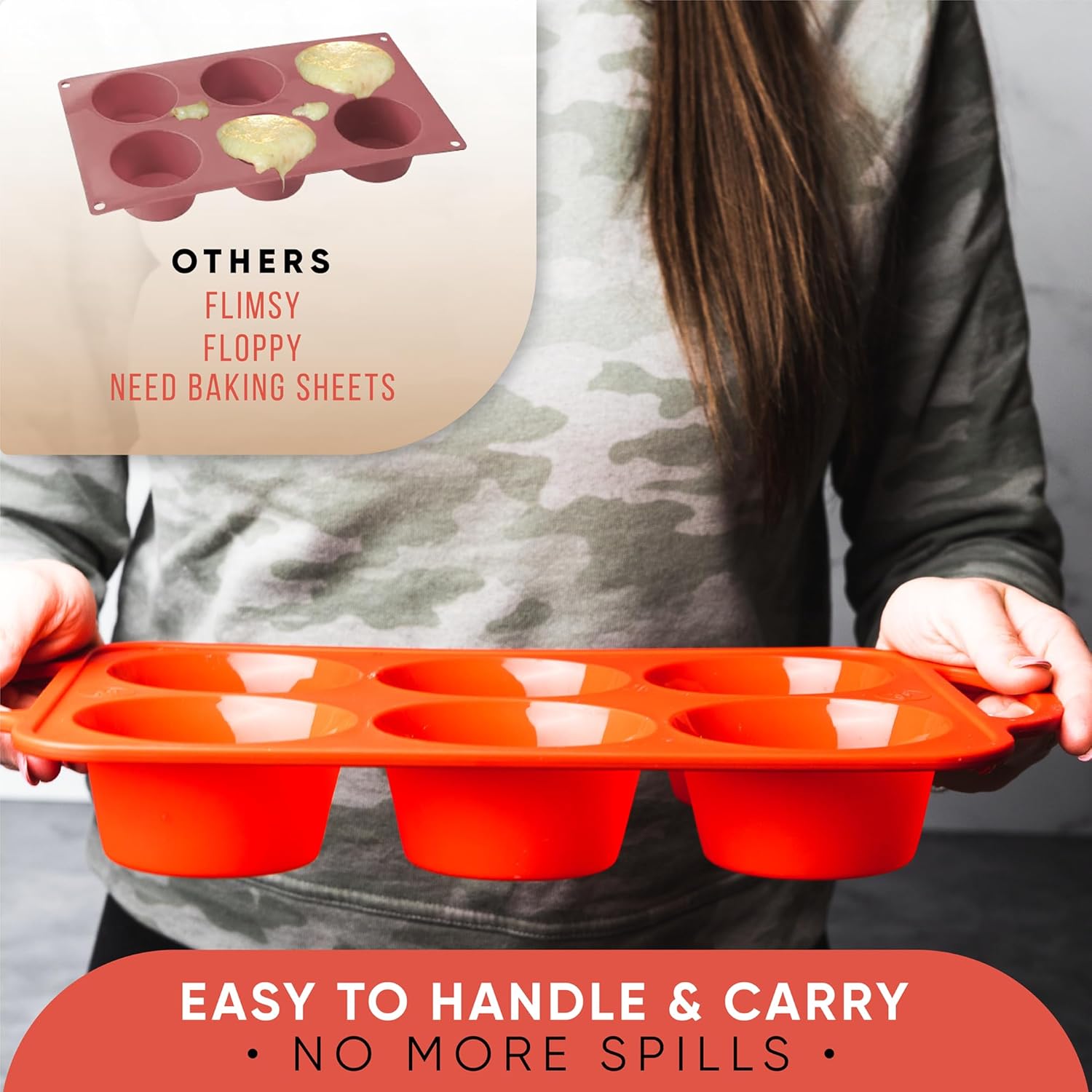 Regular Size 6 Cup Silicone Muffin Pans for Baking - Non-Stick Silicone Cupcake Pans, Easy-Release, Metal Handles, BPA-Free, Dishwasher & Oven Safe, Even Baking Muffin Tray