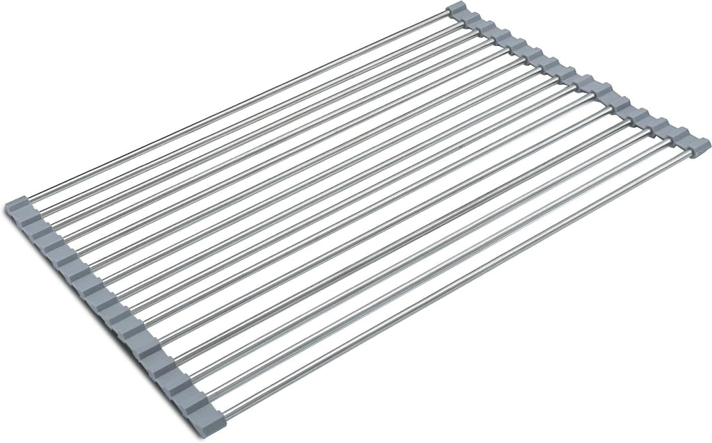 Roll Up Dish Drying Rack, Stainless Kitchen Accessories, Foldable Dish Rack, Anti-Slip Design Sink Counter Storage, Over The Sink Dish Rack, Stainless Steel, (17.5" x 12") Gray