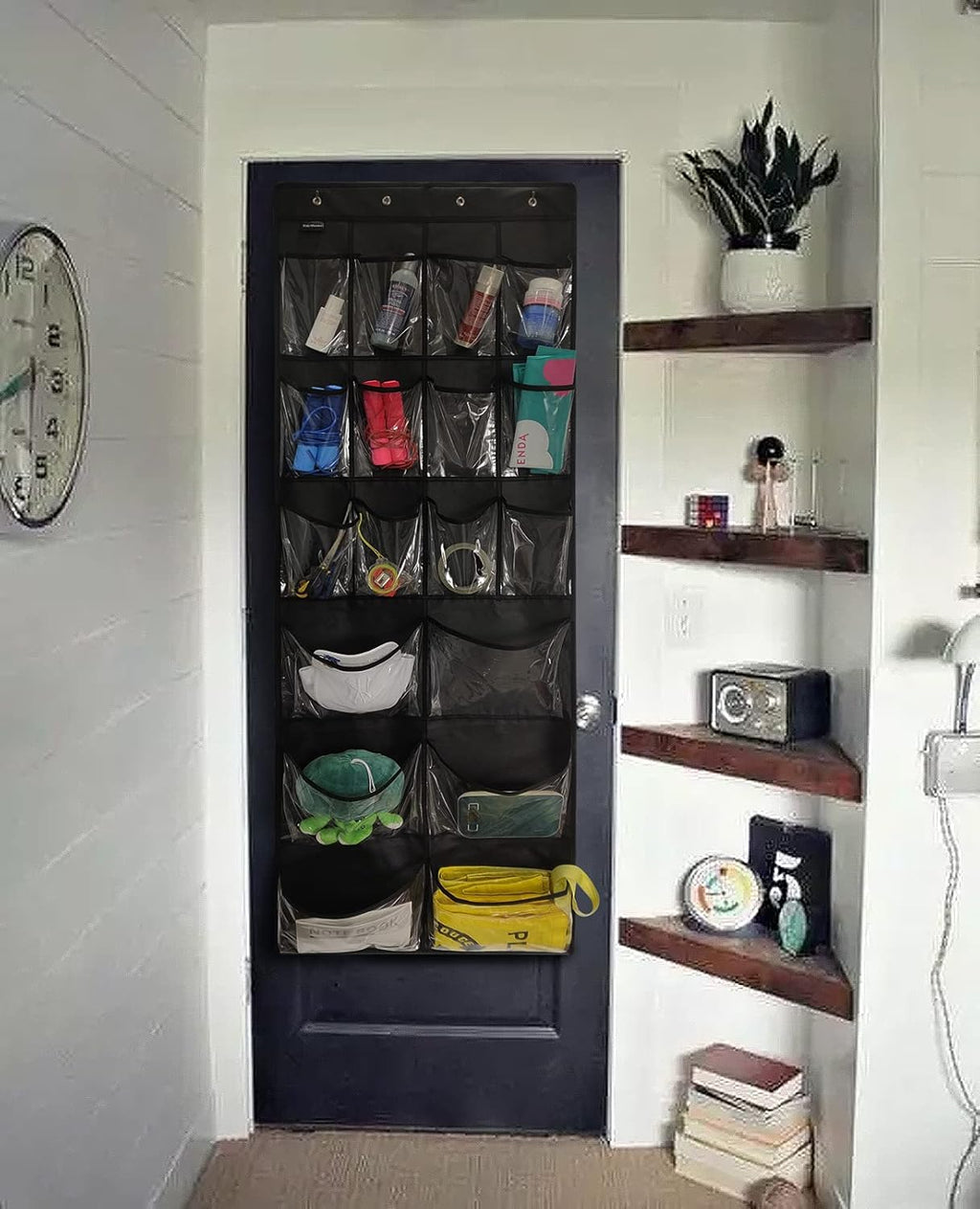 Extra Large Hanging Over Door Shoe Organizer, Closet Shoe Rack - 12+6 Crystal Pockets, 4 Hooks, Black (59"x 21.6")