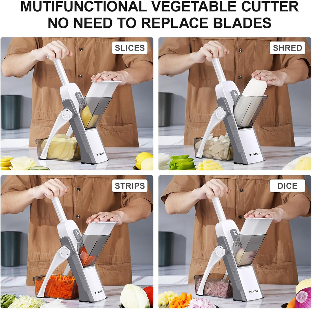 Safe Mandoline Slicer for Kitchen, Meal Prep, Potato Slicer, Adjustable/Easy to Clean/Storage, Kitchen Chopping Artifact, French Fry Cutter, Paring Knife/Cleaning Brush (only Slice, LightGray)