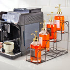 Syrup Rack for Coffee Bar Accessories, Iron 4 Compartment Bottle Organizer, Countertop Display Storage Shelf Bottle Stand, Metal Coffee Bar Organizer for Wine, Kitchen, Holds 4 Bottles