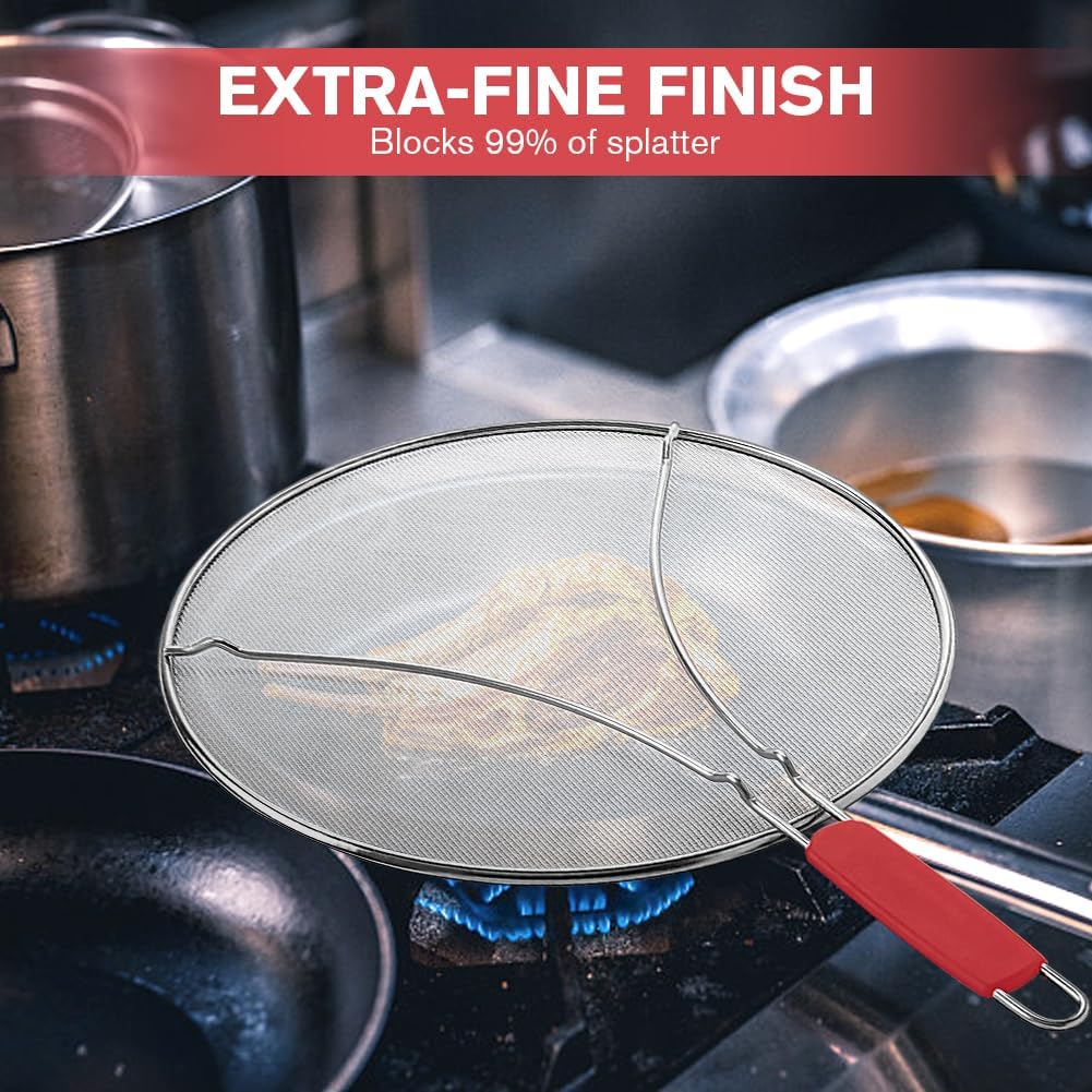 Splatter Screen for Frying Pan & Food Strainer,13 Inch Stainless Steel Grease Splatter Guard,Shield from Splashing Oil, Dishwasher Safe(Red)