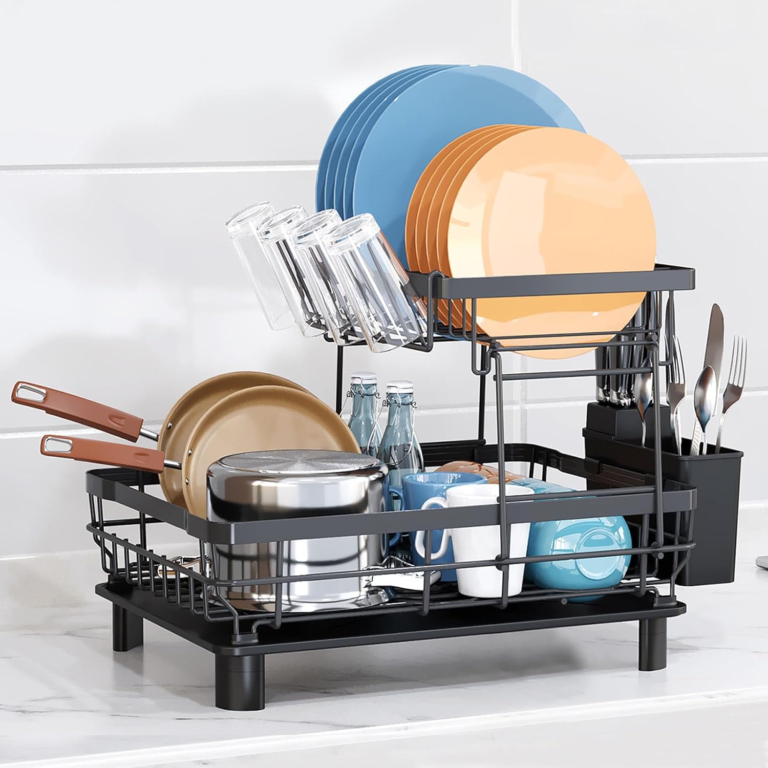GAXmi Dish Drying Rack Over The Sink Drainer with Drainboard Utensil Holder Cup Holder, 2-Tier Black