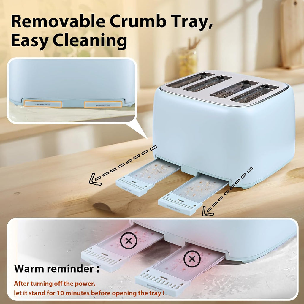 4-Slice Toaster 1.5" Extra Wide Slot Stainless Steel with High Lift Lever, 6 Presets & Bagel/Defrost/Cancel Function, Removal Crumb Tray, Under Base Cord Storage, Blue
