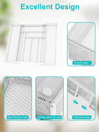 Silverware Organizer Metal Mesh, Large Drawer Organizer, Utensil Cutlery Tray for kitchen drawers, Expandable Flatware Organizer with 8 Compartment White 11.6"~20" x 17.3"