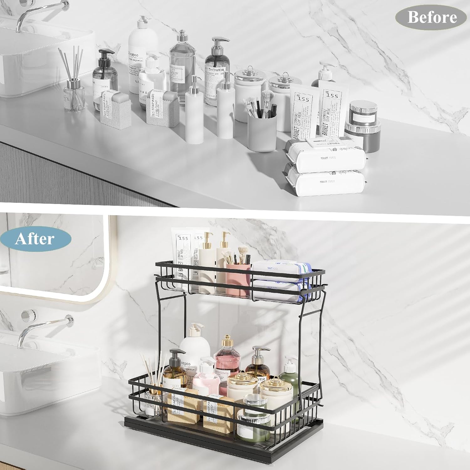 1 Pack Under Sink Organizers and Storage, 2 Tier Pull Out Cabinet Organizer, Metal Sliding Drawer Storage for Kitchen Bathroom，Black