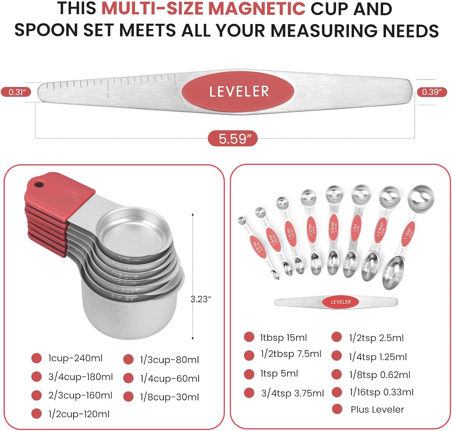 Magnetic Measuring Cups and Spoons Set-Heavy Duty 304 Stainless Steel，Double Measurement Markings，Set of 16 with Leveler for Measure Dry and Liquid Ingredients (Red)