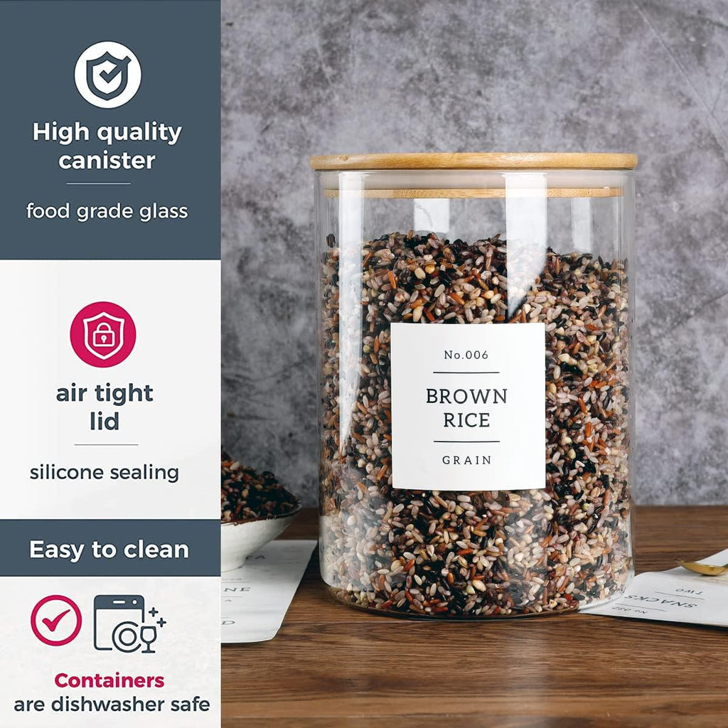 Large Glass Storage Jars With Airtight Bamboo Lid - 100 Fl Oz Thicken Kitchen Glass Food Storage Canister With 42 Pantry Labels - Big Clear Flour And Sugar Containers Farmhouse