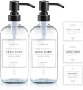 Vine Creations Clear Glass Soap Dispenser, 2 Pack Kitchen Soap Dispenser Set with Stainless Steel Pump, 16 oz Dish Soap and Hand Soap Dispensers for Bathroom with Waterproof Labels