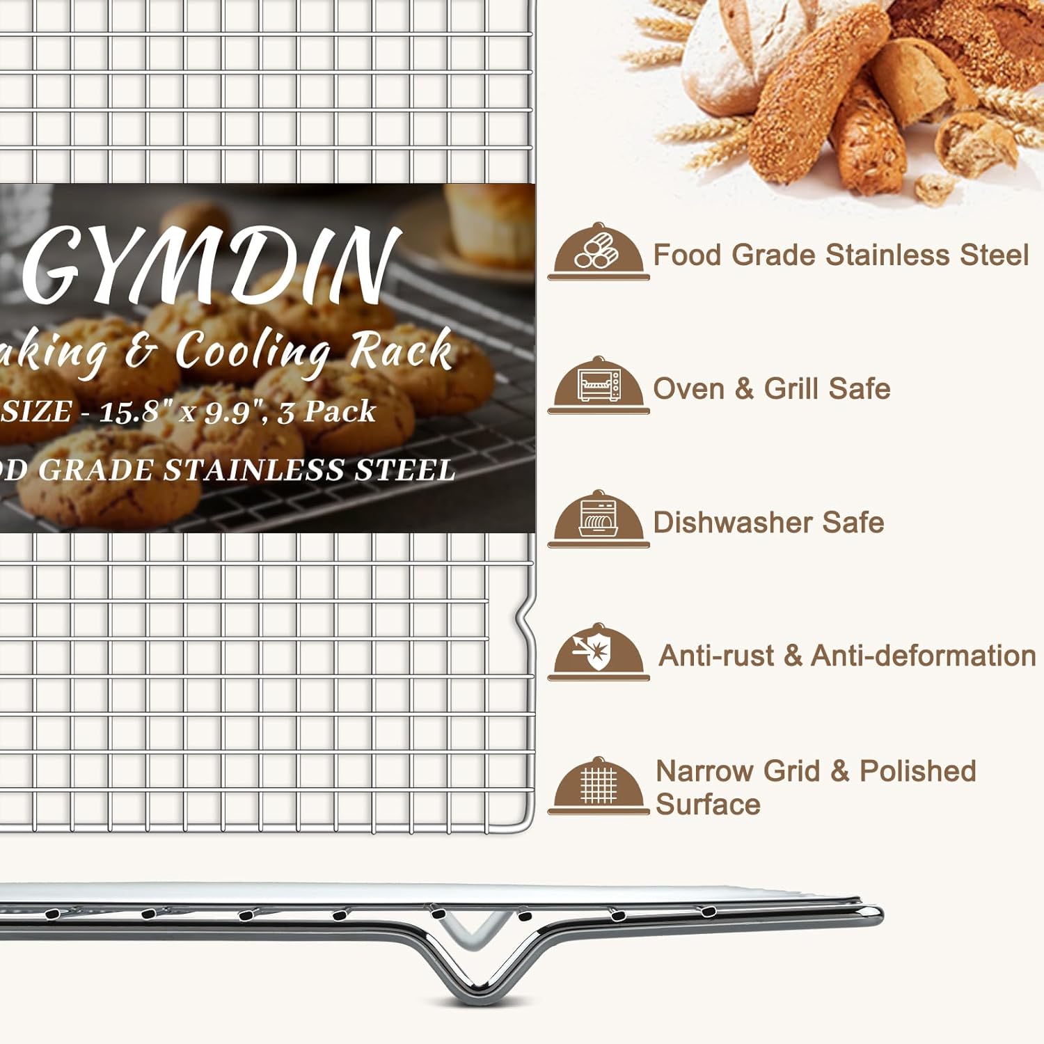Cooling Racks for Cooking and Baking - 3PCS 16" x 10" Premium Stainless Steel Wire Cookie Cooling Rack for Baking, Roasting, and More - Oven & Dishwasher Safe - Fits Jelly Roll Pan
