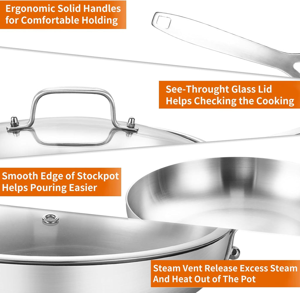 DELARLO Tri-ply Stainless Steel Frying Pan Set with Lid 10"12" large Skillets Induction Chef's Pan,Pots and Pans Set Kitchen Cookware Set Dishwasher and Oven Safe