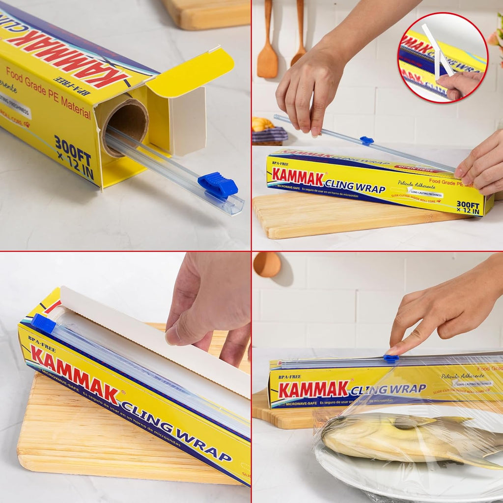 KAMMAK Plastic Wrap with Slide Cutter Food Cling Wrap 12 Inch Kitchen Cling Film BPA-Free Microwave-Safe 300 Ft Roll Food Service Film Quick Cut for Restaurant (2 Pack)