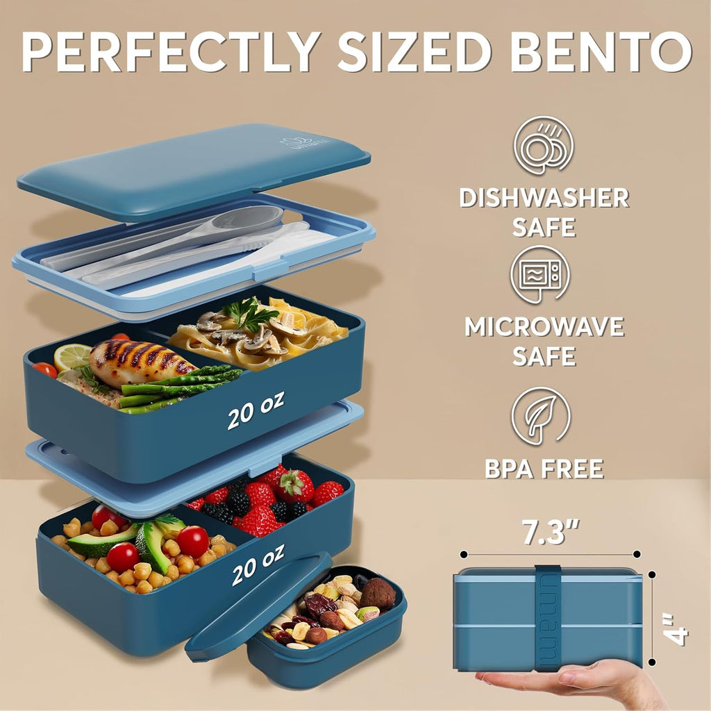 Umami Bento Box Adult All-In-1 w/4 Utensils, Big Sauce Jar, 2 Dividers, 100% Leakproof, Microwave & Dishwasher Safe, Stackable Bento Lunch Box Containers for Men/Women, Denim Blue, 40 oz