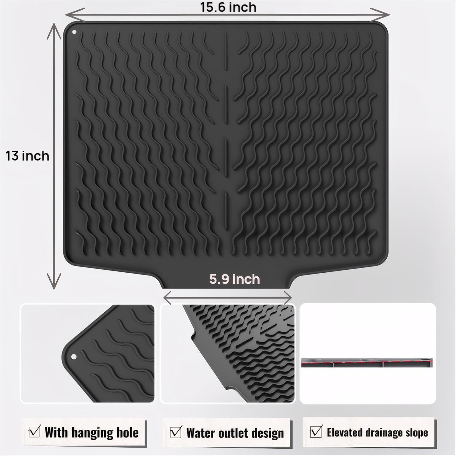 Dish Drying Mat with Drain, Silicone Mat for Kitchen Counter, Non-Slip Drainer Mat for Kitchen Sink, Countertop Dish Drying Rack, Heat Resistant Kitchen Accesories(Black, 15.6"x13")