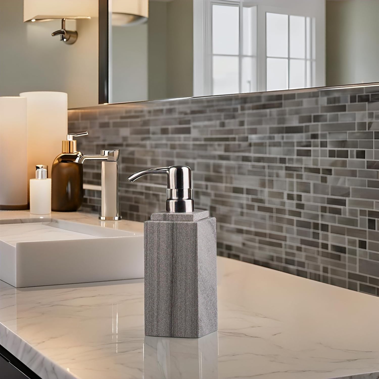 Hand Liquid&Lotion Soap Dispenser Pump Bottle Natural Marble for Kitchen Bathroom Countertop Laundry Room Holds Dish Soap Shampoo Laundry Liquid Shower Gel (Grey Sand)