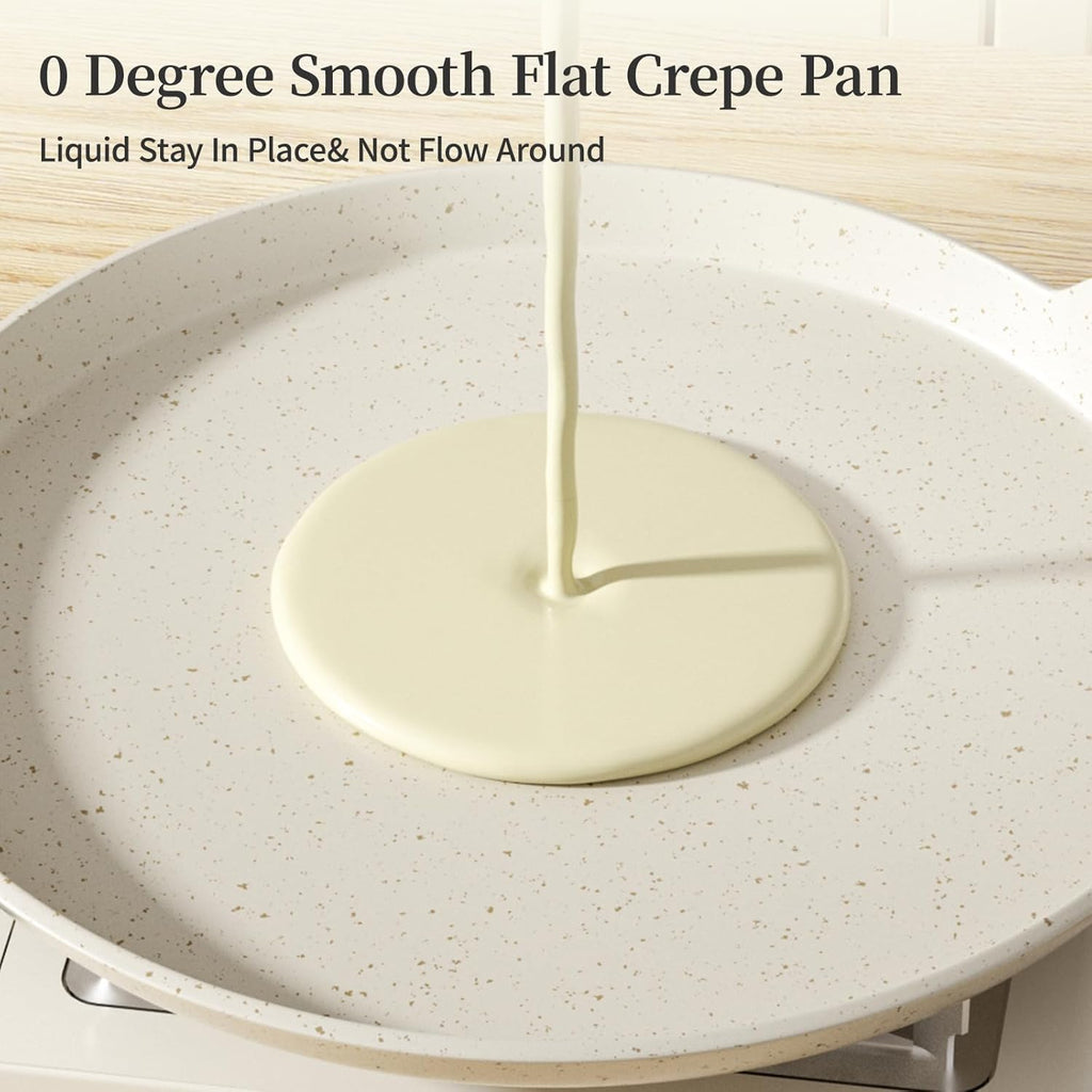 Nonstick Crepe Pan, Granite Coating Flat Skillet Dosa Tawa Tortilla Pan, 10 inch White Pancake Griddle Roti Pan With Stay-Cool Handle, Induction Compatible, PFOA Free