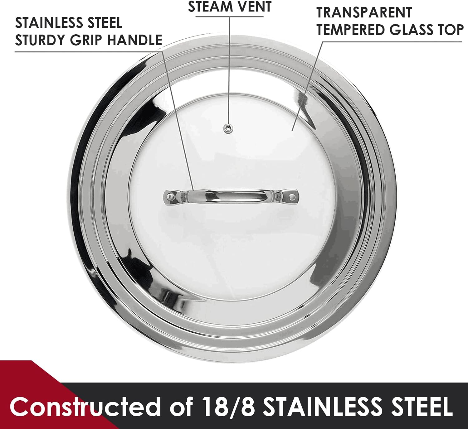 Stainless Steel Universal Lid for Pots, Pans and Skillets - Fits 7" to 12" Pot and Pans - Tempered Glass with Stainless Steel Rim Replacement Frying Pan Cover and Cast Iron Skillet Lid