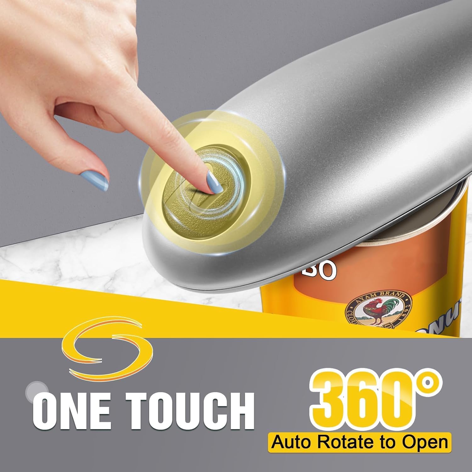 Handsfree One Touch Electric Can Opener Easy and Fast Flex Side Cut All Can Sizes, Automatic Handheld Battery Operated Kitchen Gadget Gift with Smooth Edge Safety for Seniors & Arthritis Silver