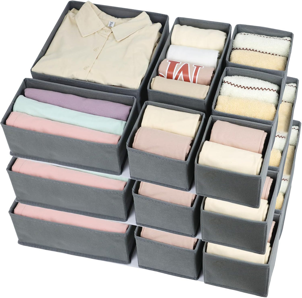 16 Pcs Drawer Organizer,Fabric Closet Organizer and Storage Baskets,Foldable Drawer Divider for Clothing,Sock,Ties,Underwear Drawer Organizers,Cabinet Storage Boxes (Gray)