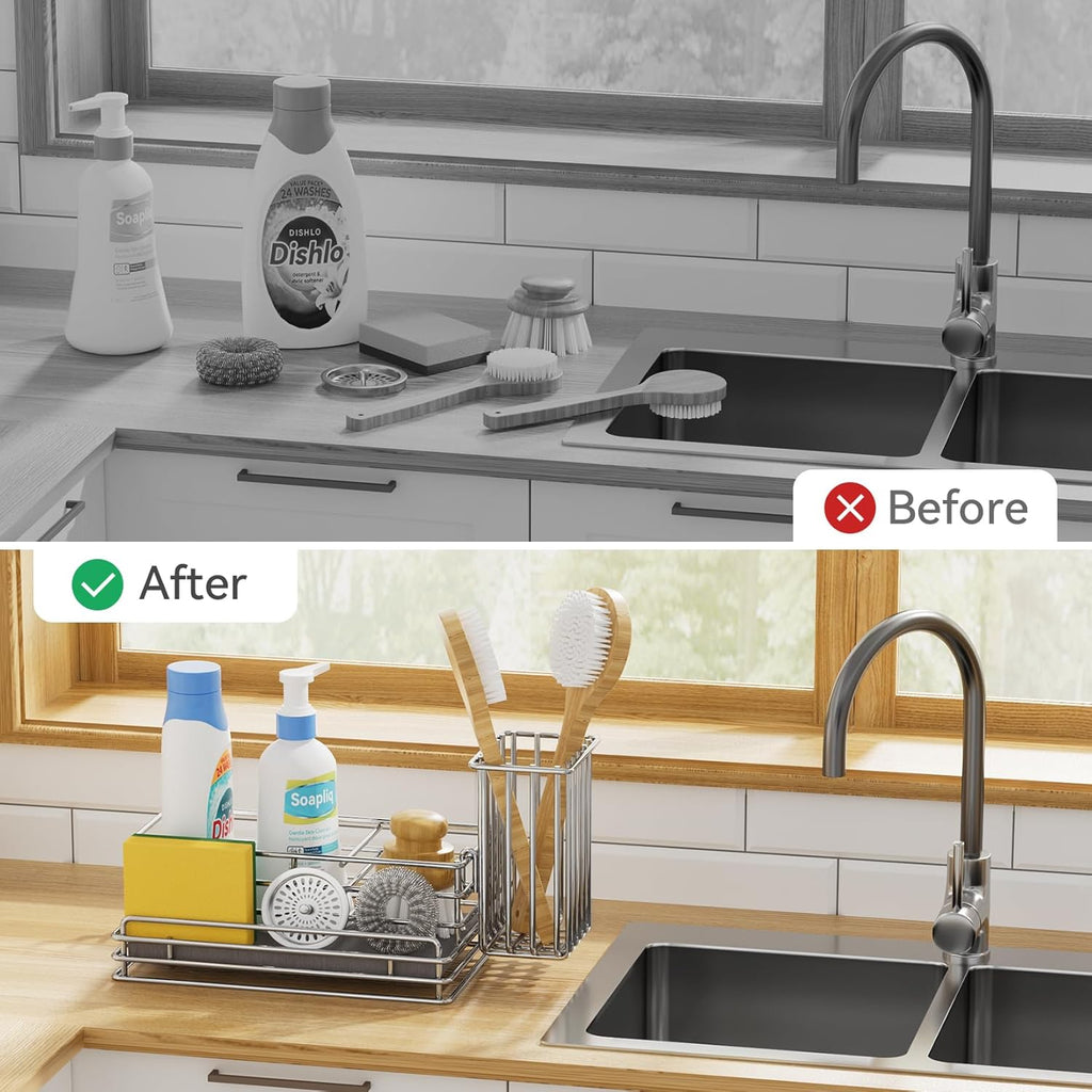 Yofidra Kitchen Sink Caddy with Instant Drying Stone, Metal Stainless Steel Dish Sponge Holder Basket for Sponges, Scrubbers, Soap, 9.5" X 5.5" X 5.7" Sink Box Organizer