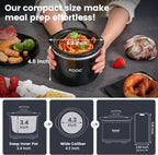 KOOC Small Slow Cooker, 0.65 Quart, Free Liners Included, Upgraded Ceramic Pot, Nutrient Loss Reduction, Sauces, Stews & Dips, Stainless Steel, Black, Round