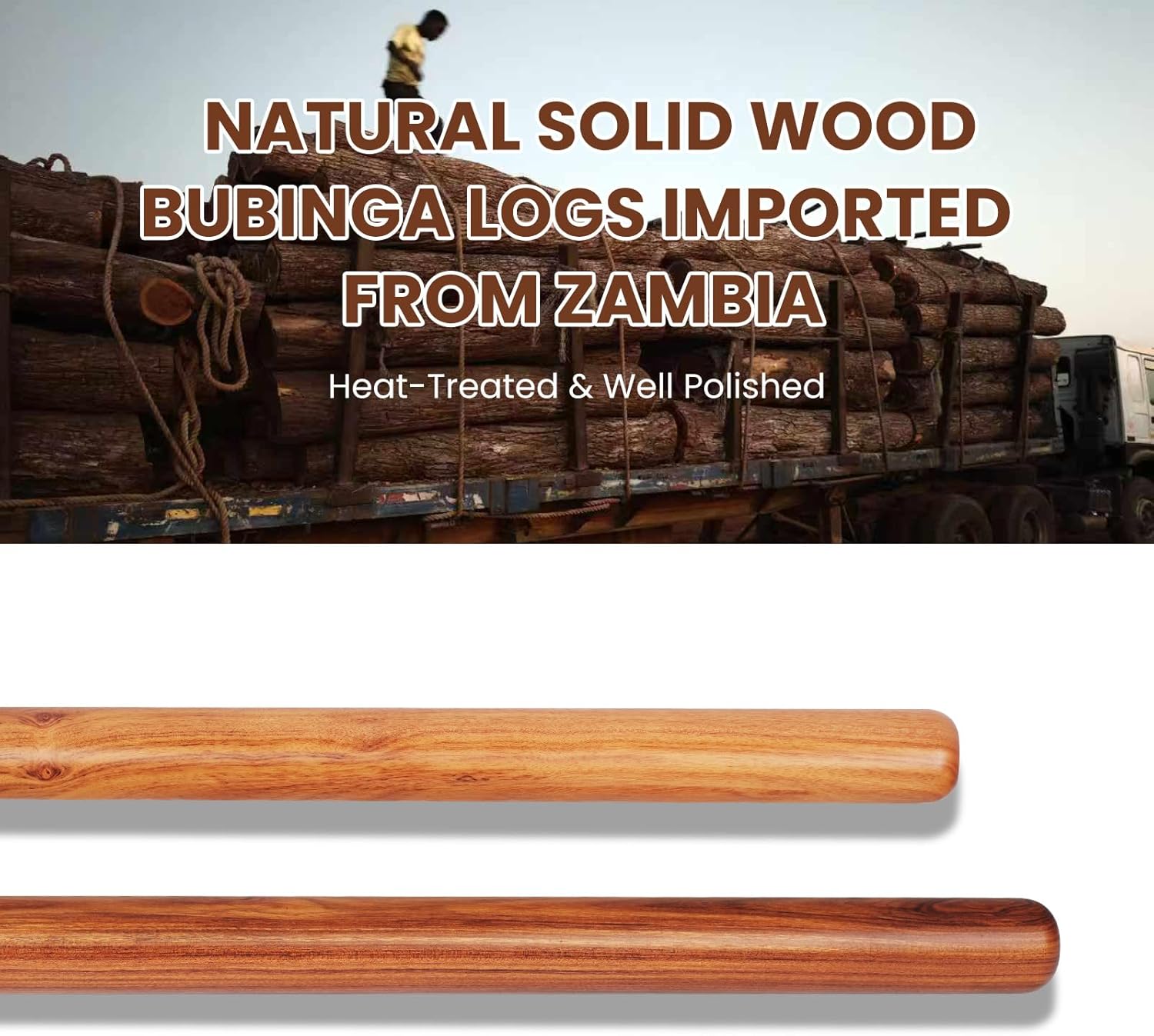 Natural Solid Bubinga Wood French Rolling Pin for Baking | Straight rod type | High-Density Professional Dough Roller (straight - 15.75‘L)