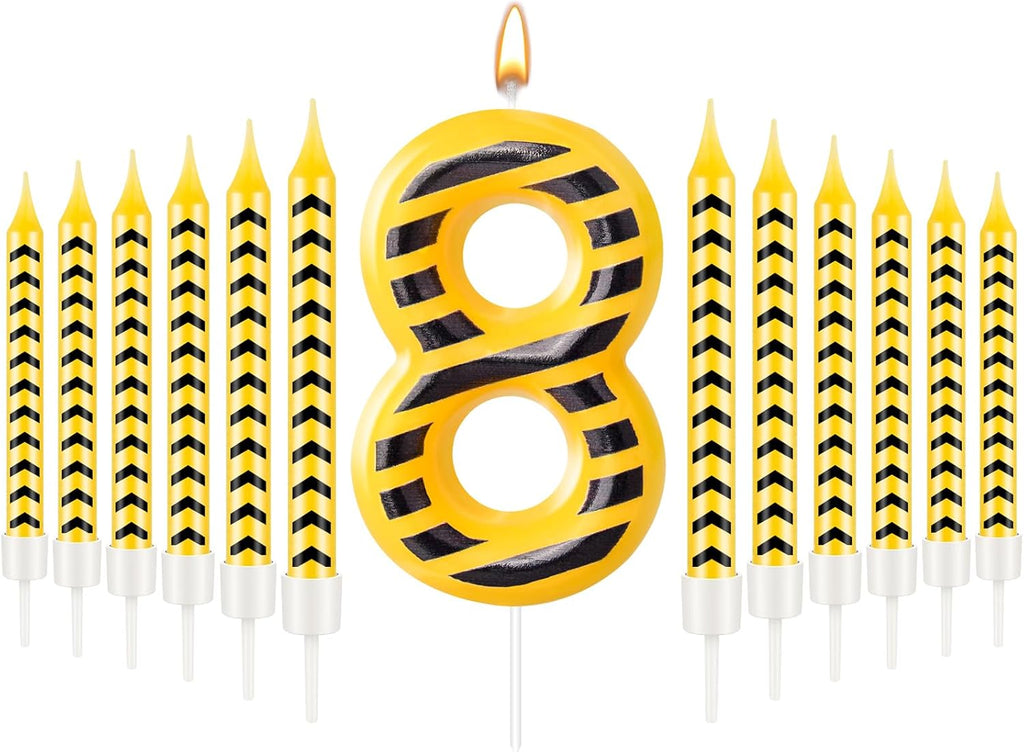 13 Pcs Construction Themed Birthday Candles Set Yellow and Black Number 8 Candle Cake Topper for Construction Party Decoration Supplies (Number 8)