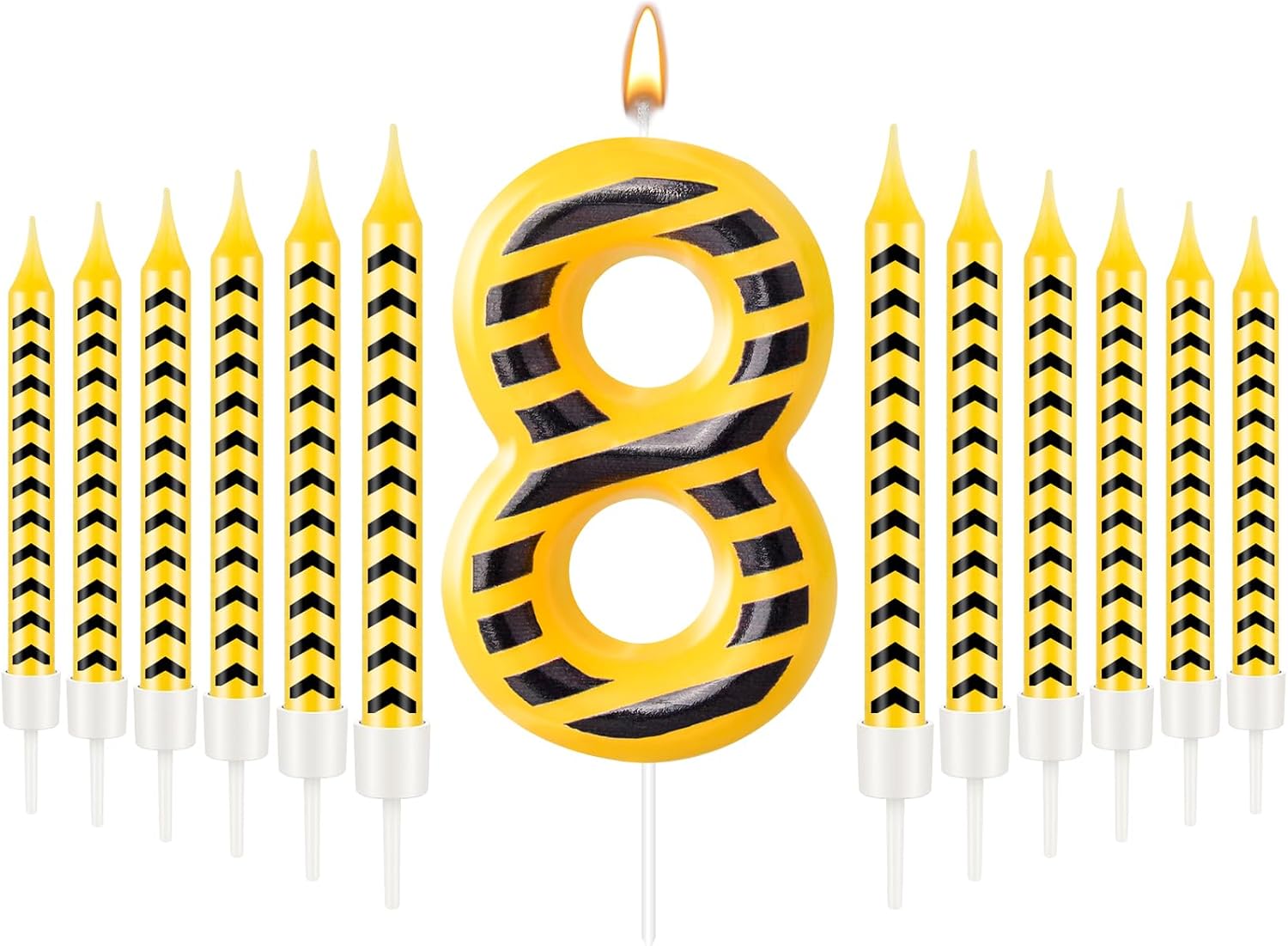 13 Pcs Construction Themed Birthday Candles Set Yellow and Black Number 8 Candle Cake Topper for Construction Party Decoration Supplies (Number 8)
