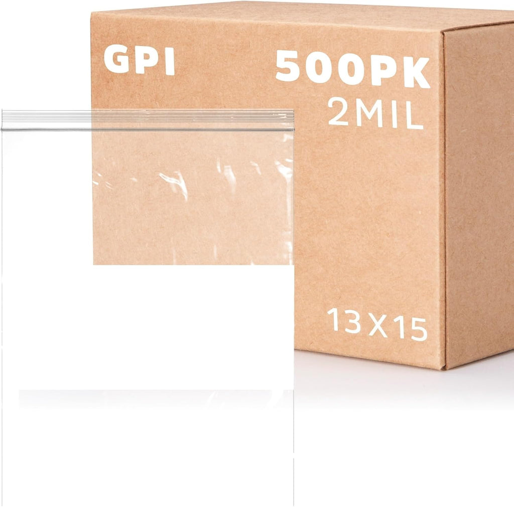 13" x 15" 2 Gallon Large Zip Bags, 2 Mil Thick Clear Plastic Reclosable Zipper Lock Bags with Write-on White Block, with Resealable Zip Top Lock for Food Storage & Office Supplies, 500 Count