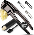 Zulay Kitchen Large Premium Garlic Press Set – Rust Proof & Dishwasher Safe, Bigger Bowl Garlic Mincer Tool with Silicone Garlic Peeler & Brush, Easy Squeeze & Clean, Ergonomic Handle - Dark Gray