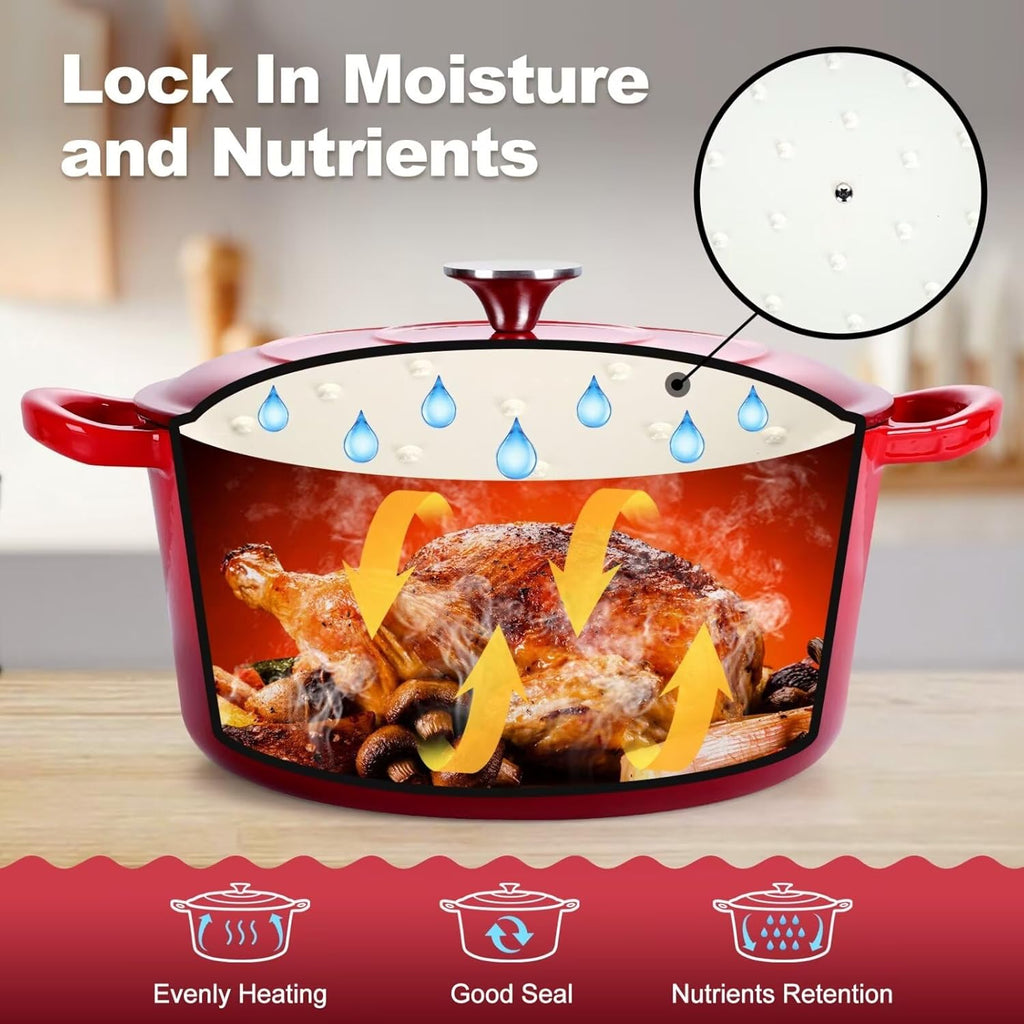 P&P CHEF 6QT Enameled Dutch Oven, Cast Iron Dutch Oven Pot with Lid for Bread Baking, Enameled Casserole Pot for Roasting Braising Stewing Frying Simmering, Various Stoves & Easy Clean, Red