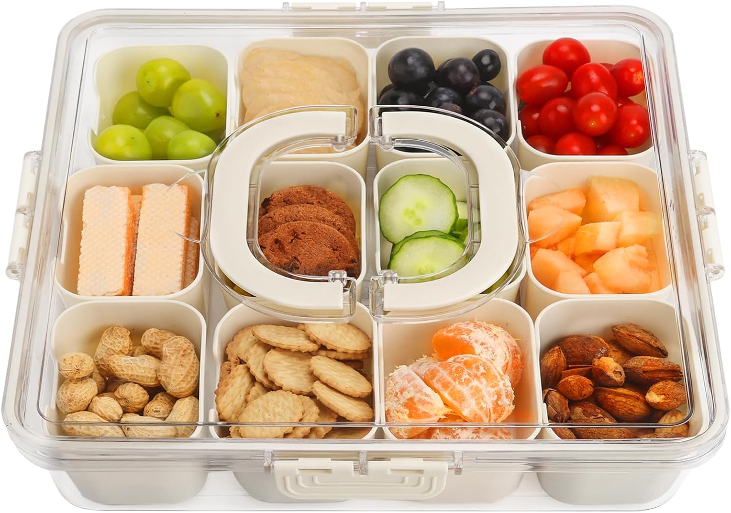 Divided Serving Tray with Lid and Handle, Portable Snack Box, 12 Compartments Veggie Fruit Tray, Charcuterie Platter Snackle Box Container for Party, Snacks, Picnic, LARGER SIZE