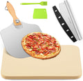 GOFOWEK Pizza Stone 5 PCS Set, 15 x 12" Large Rectangle Pizza Stone Set for Oven and Grill with Metal Pizza Peels & Cutter Rocker, 0.6'' Thickened Stone Pizza Pan, Baking Stone for Pizza, Bread