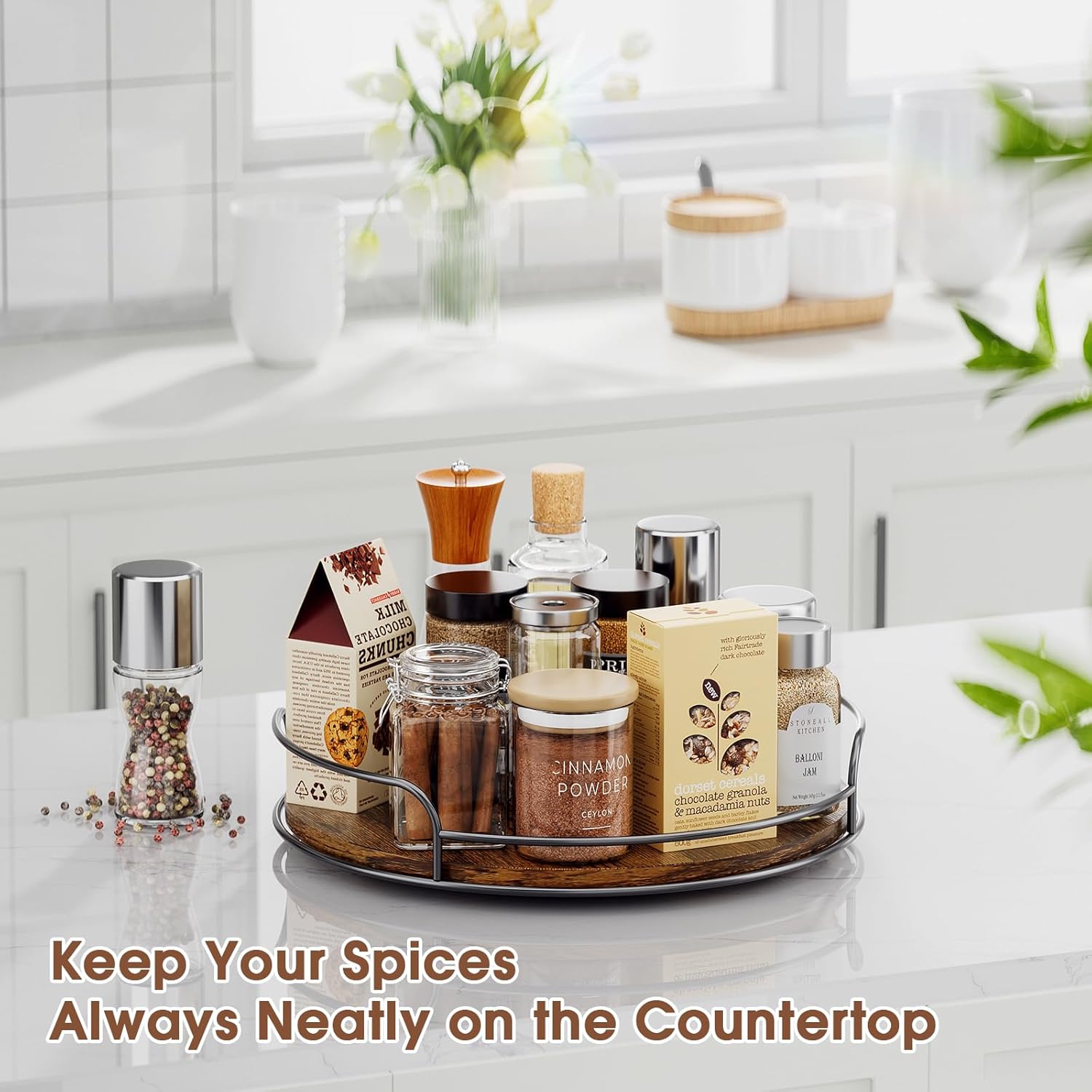 LAMU Lazy Susan Organizer, 9'' Lazy Susan Turntable for Cabinet, Table Top, Kitchen, Countertop, Bathroom, Pantry, Spice Organization, Wooden,1 Pack