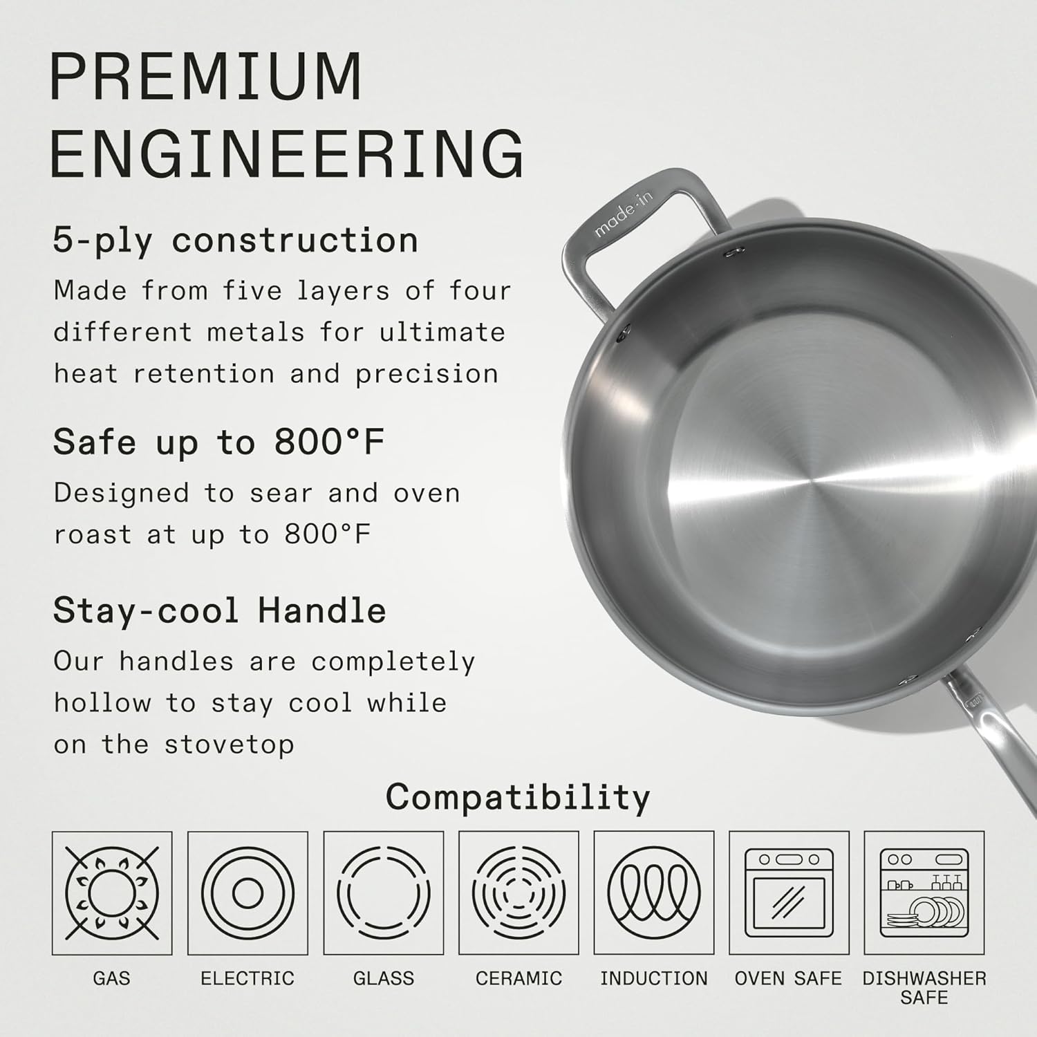 Made In Cookware - 5 Quart Stainless Steel Saucier Pan - 5 Ply Stainless Clad - Professional Cookware - Crafted in Italy - Induction Compatible